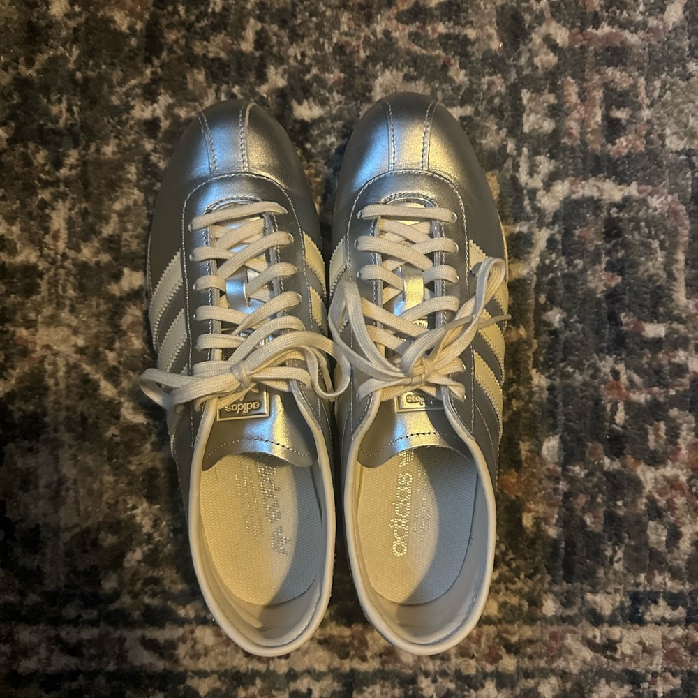 adidas Metallic Silver Low-Top Sneakers with White Stripes